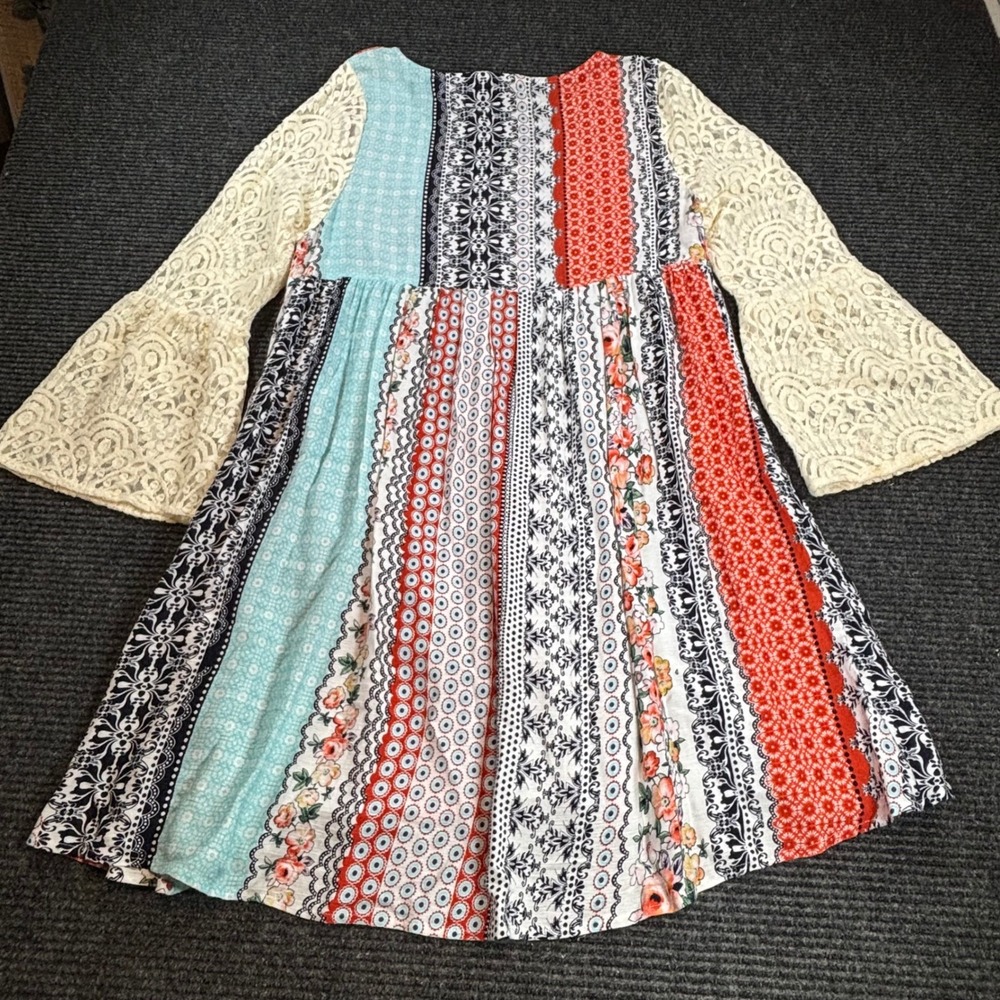 Kori America Boho Patchwork Mini Dress Lace Bell Sleeve Red Blue Floral S7003 M - Picture 2 of 7